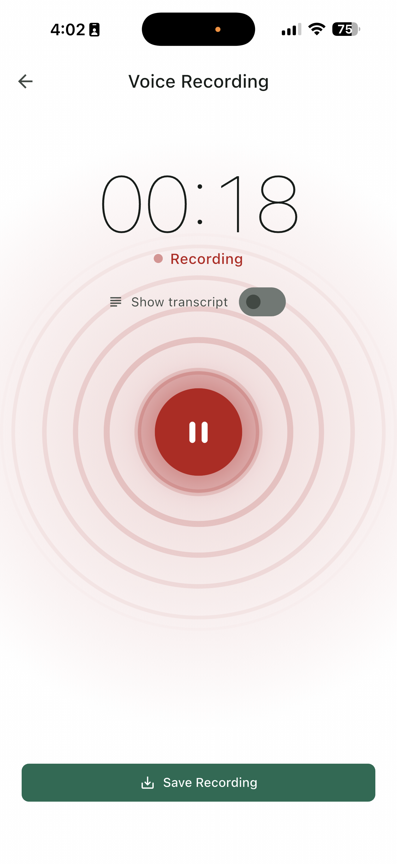 Real Inoscope mobile voice recording screen