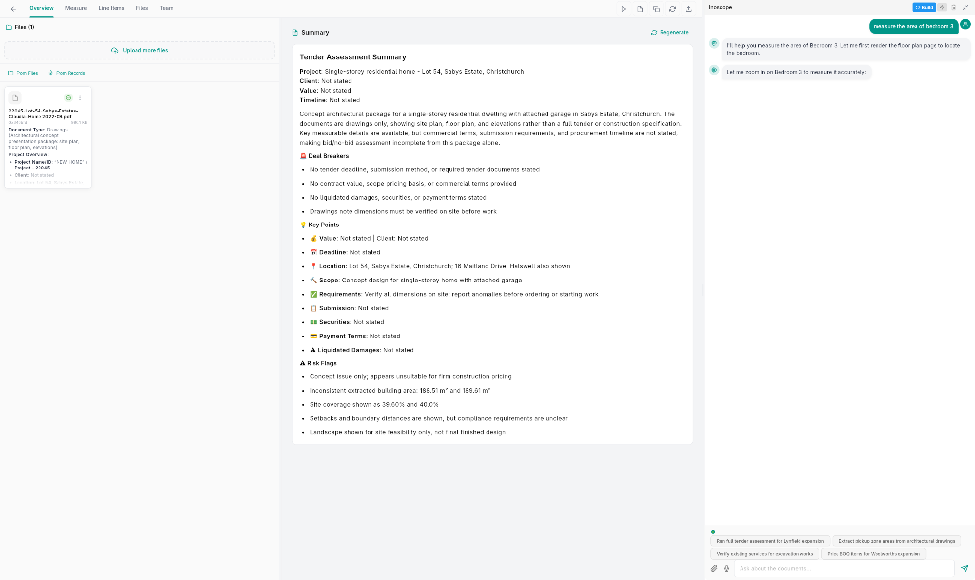 Inoscope tender overview with pricing workflow